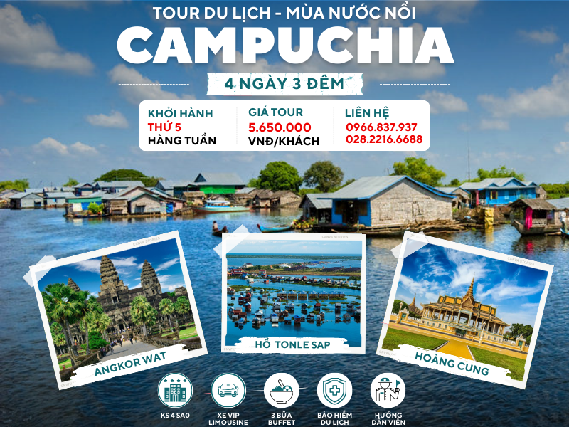 TOUR CAMPUCHIA - MÙA NƯỚC NỔI - SIEM REAP - PHNOM PENH 4 SAO